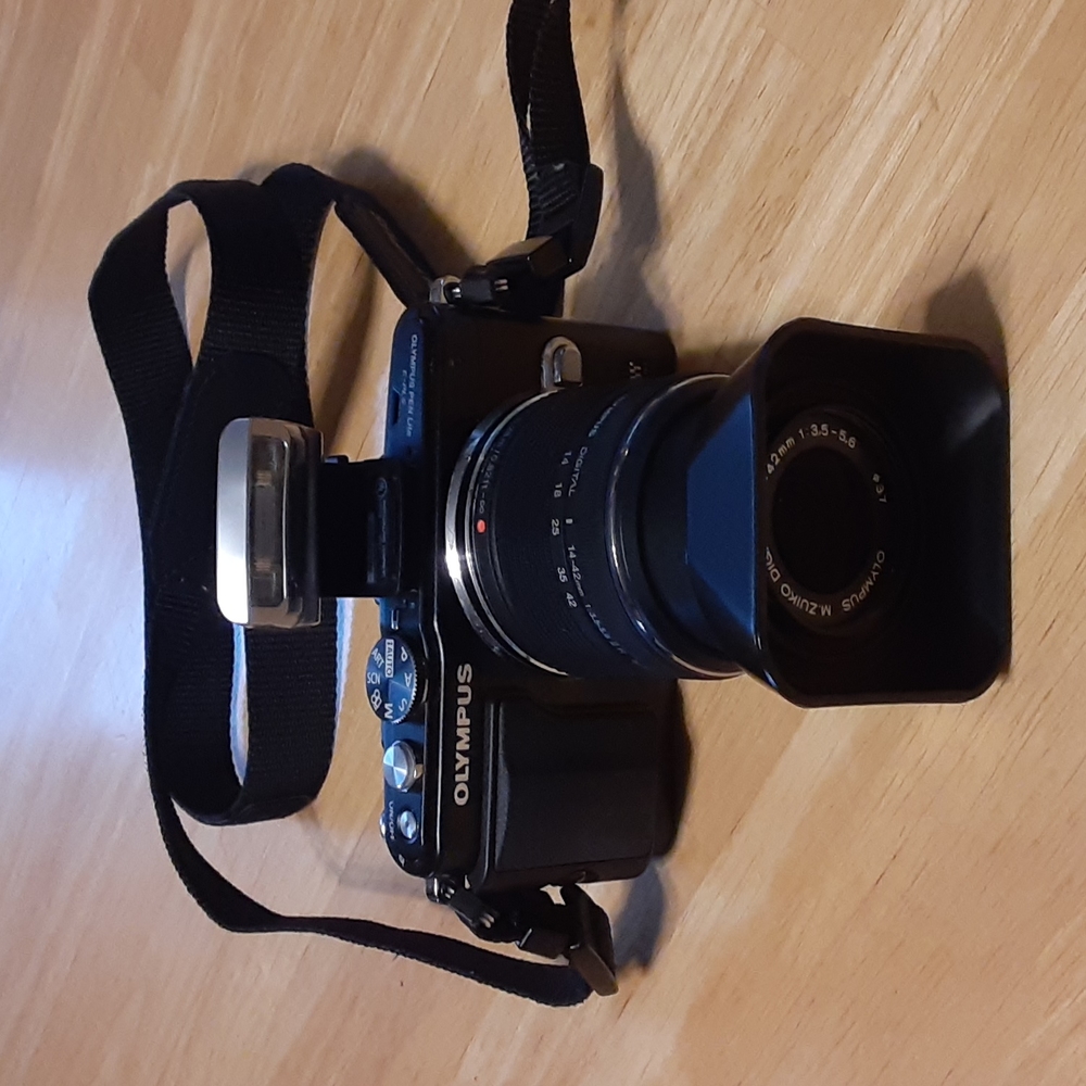 Olympus E-PL5 with original manual, setup CD, charger with cable, and more.